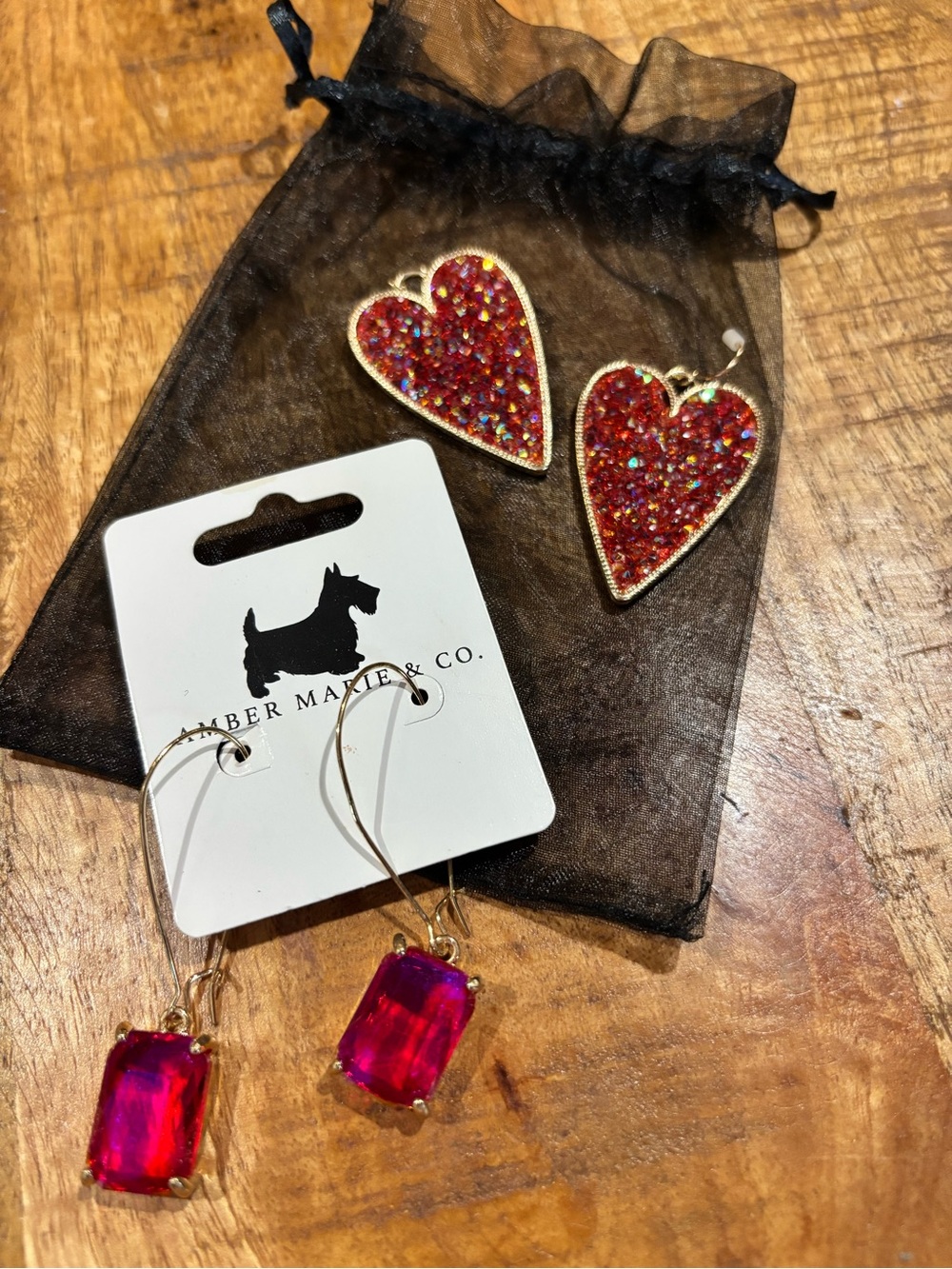 Red Glitter Heart and Emerald Cut Earrings - Gold Trim (2 pair)